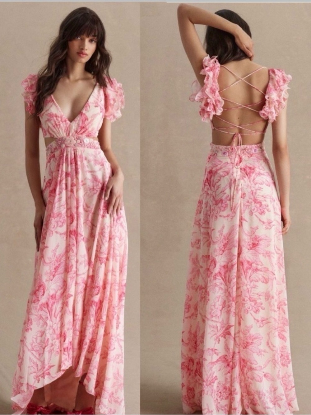 Mac Duggal Anthropologie Floral Printed Ruffle Shoulder Lace Up Gown size 2.